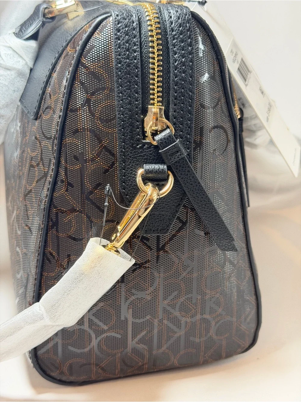 Calvin Klein Brown Monogram Satchel with Gold Hardware